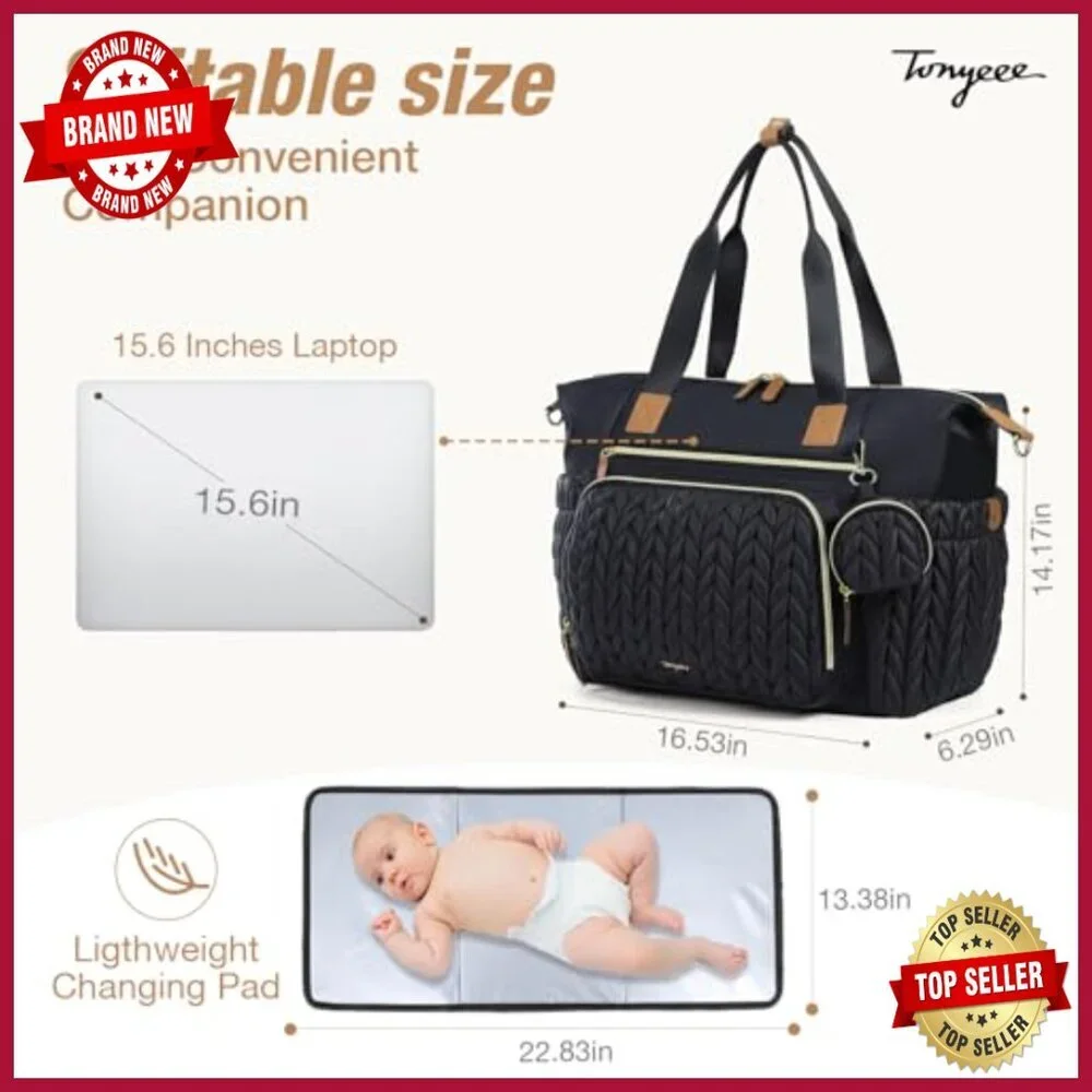 Large Waterproof Diaper Tote Bag with Changing Pad and 16 Pockets